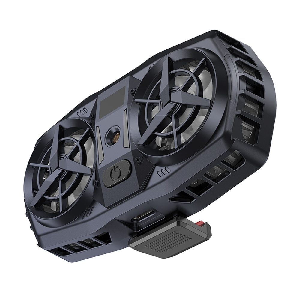 Enfriador negro de doble ventilador con pantalla digital y clip en la parte inferior.