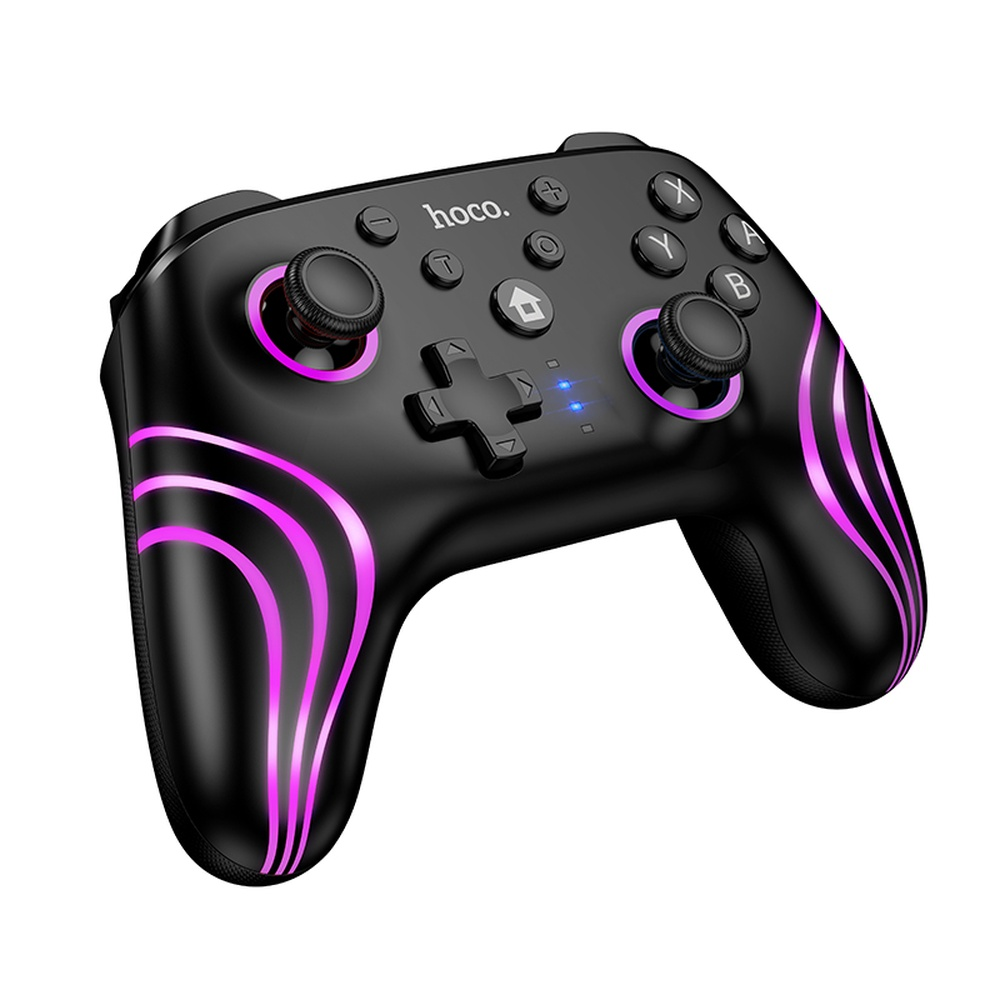 Controlador de juegos negro con iluminación morada y logo Hoco.
