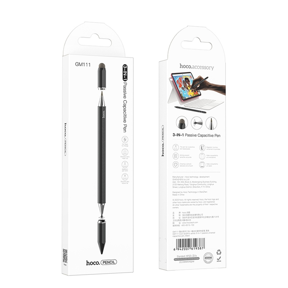 Embalaje de un lápiz capacitivo negro con pantalla de tableta.
