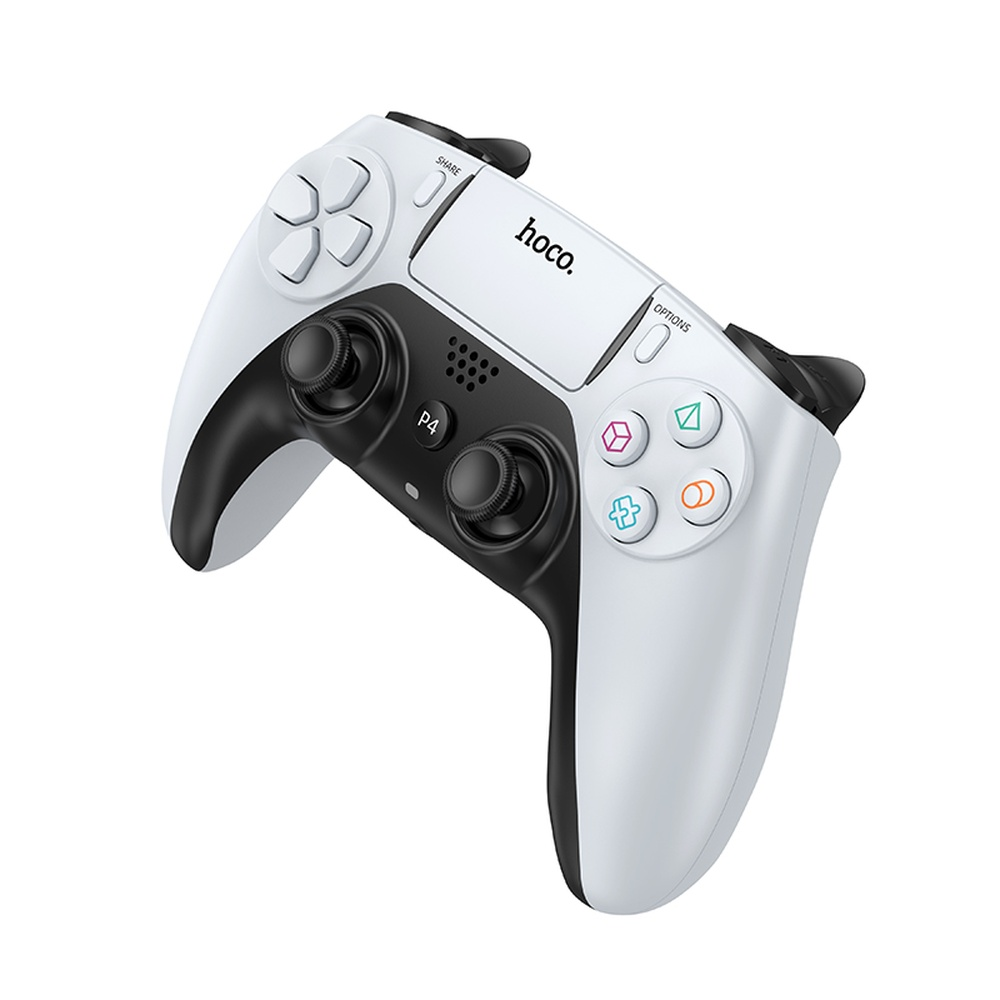 Un mando de juegos blanco y negro con el logo de hoco.