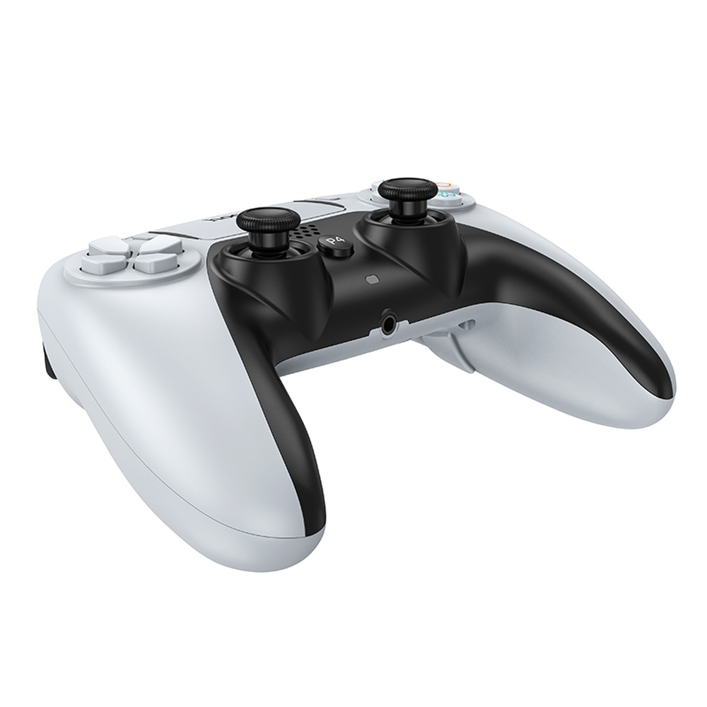 Un mando de videojuegos blanco y negro sobre fondo blanco.