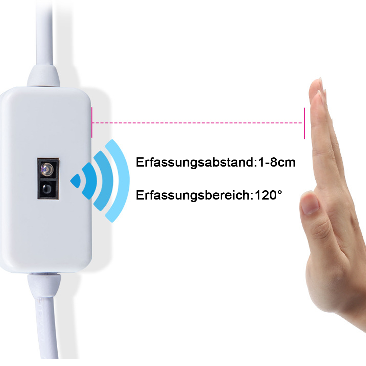 Ein weißer Sensor mit einem Fenster und einer Hand daneben. Erfassungsabstand 1-8cm.