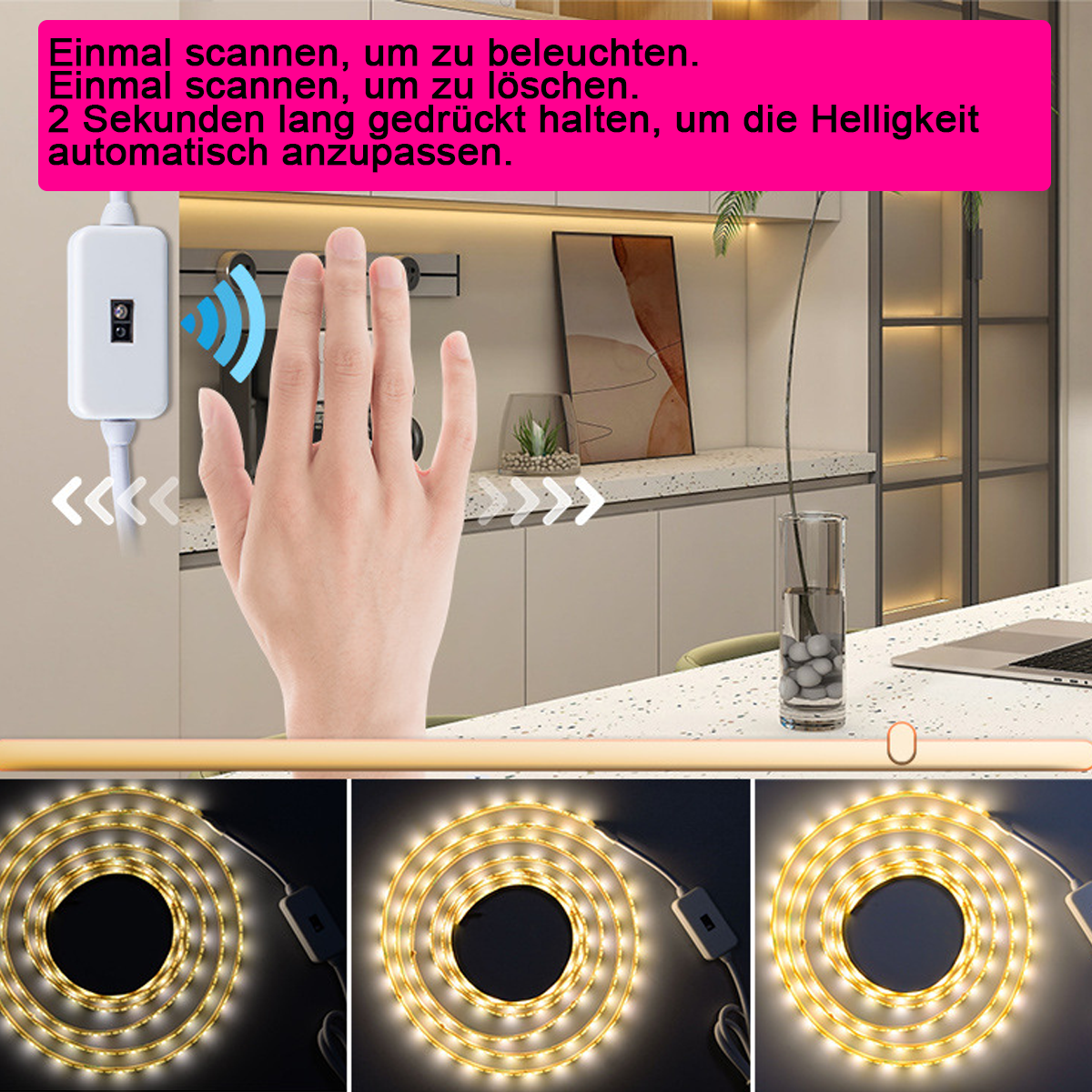 Hand-Scan-Sensor steuert Lichtleiste an. Unten: Lichtleiste in Spulen.