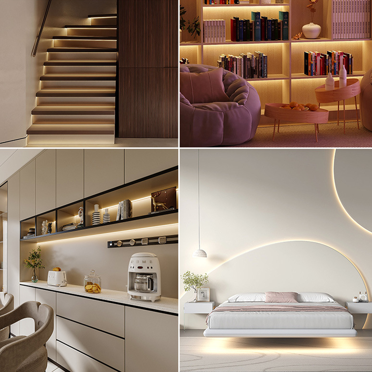 Beleuchtete Treppe, Bücherregal, Küche und Schlafzimmer mit modernen Lichtern.
