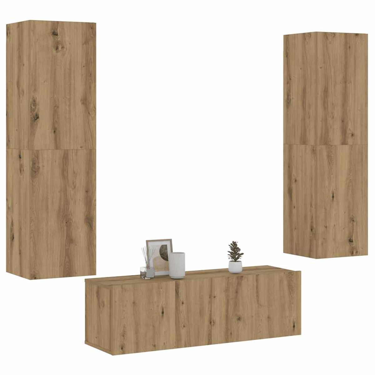 Holzmöbel-Set mit zwei hohen Schränken und einem langen Unterbau.