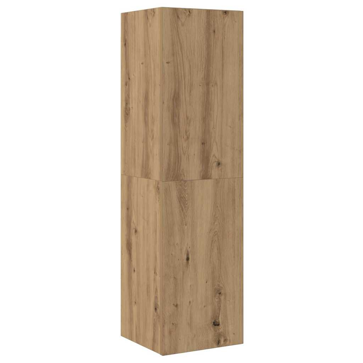 Ein hoher, schmaler Holzschrank mit zwei übereinanderliegenden Würfeln.