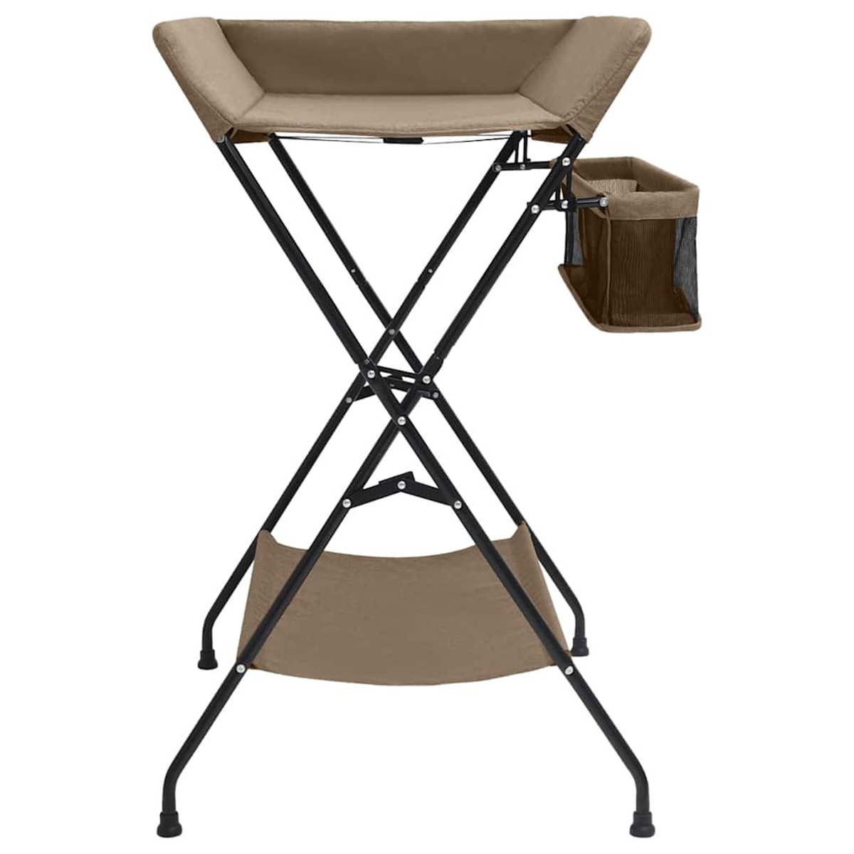 Braunes Wickeltisch mit schwarzem Metallgestell und Netzablage.