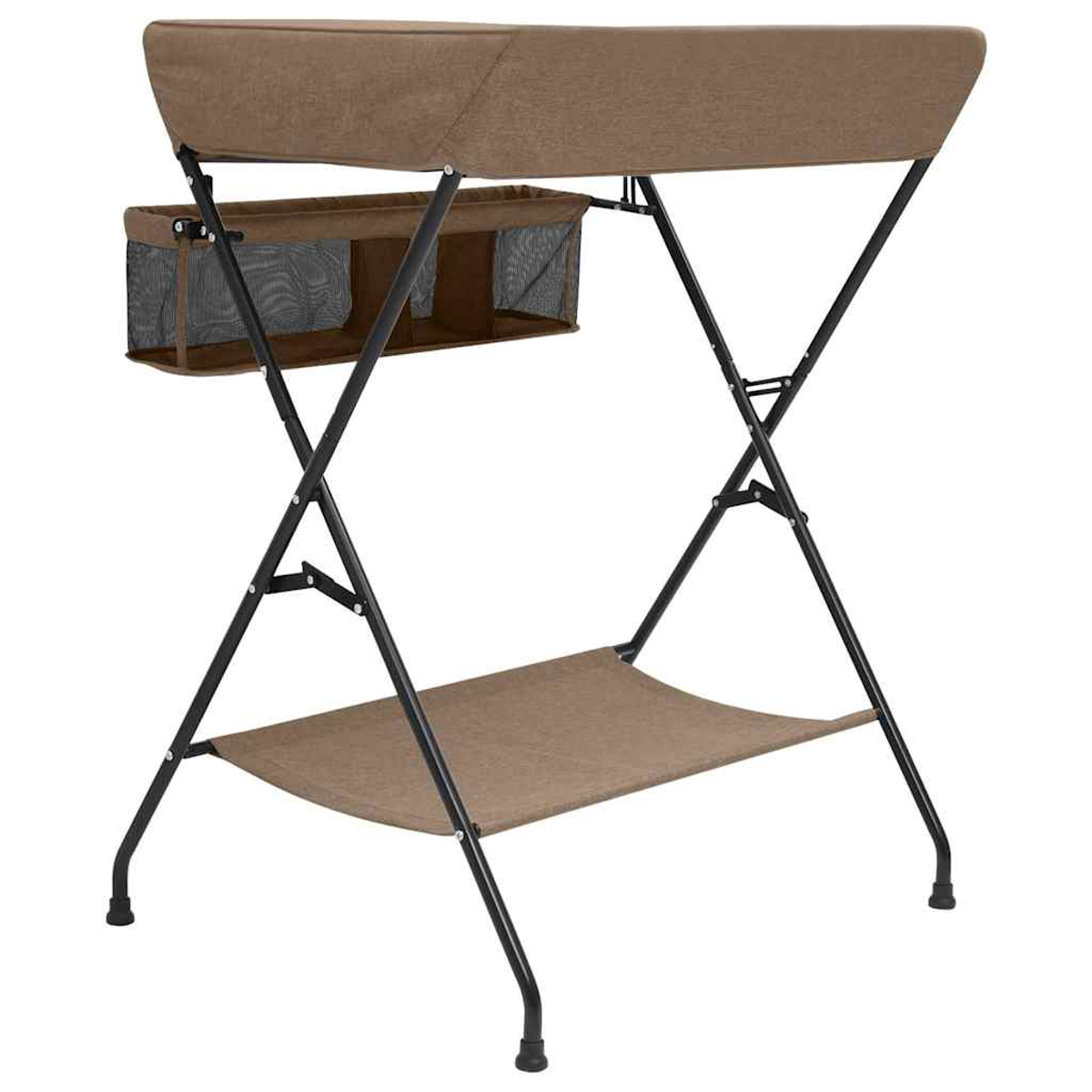 Ein brauner Sonnenschirmständer mit zwei Netztaschen und einer unteren Ablage.