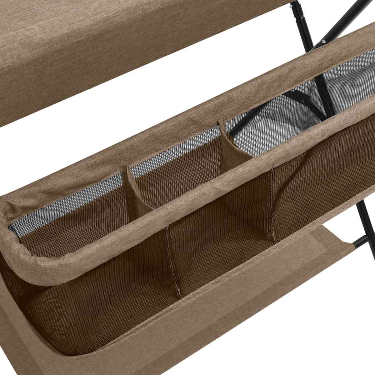 Braune Stoff Organizer mit mehreren Fächern und Netzfutter auf schwarzem Metallrahmen.