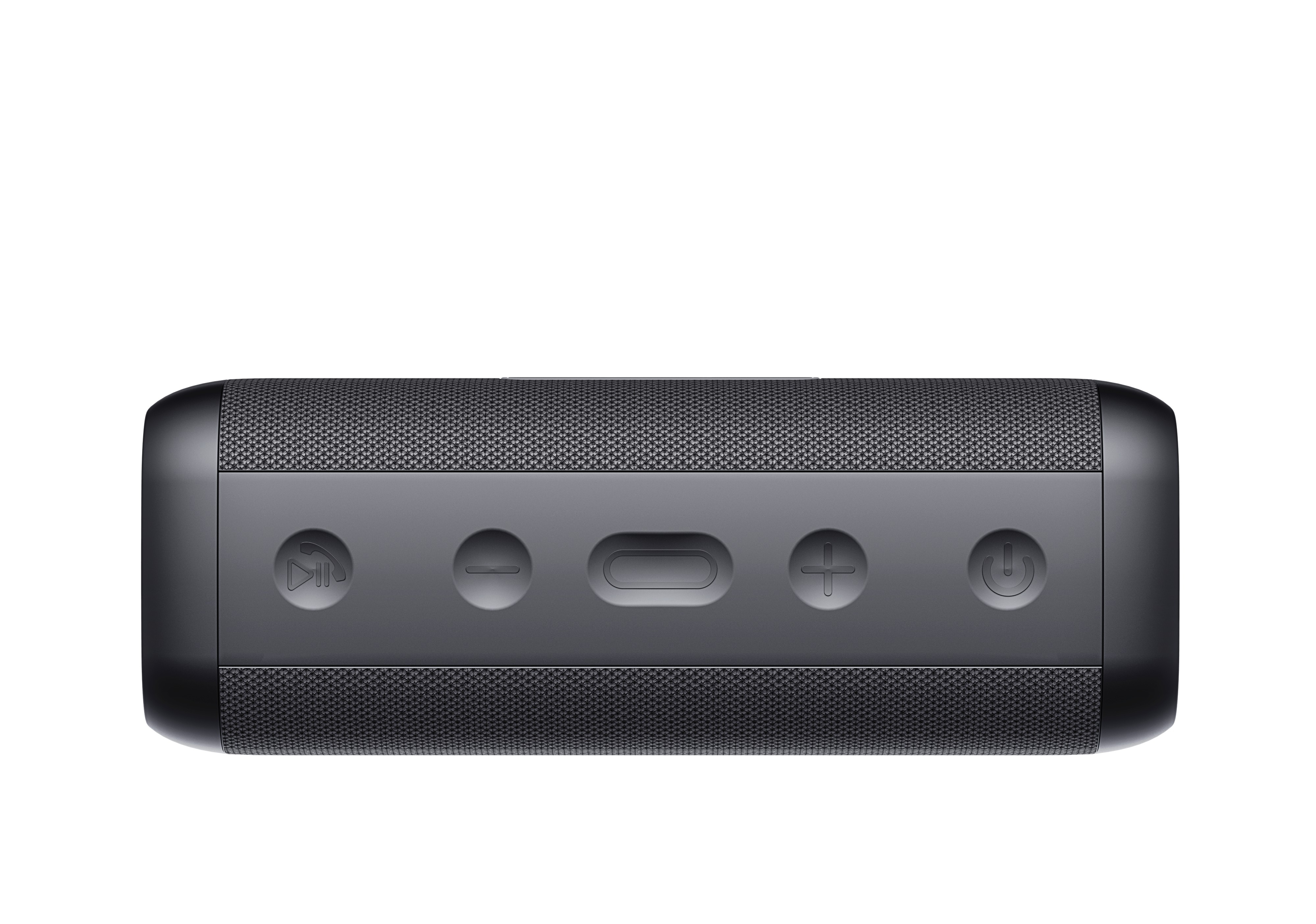 Czarny głośnik z przyciskami: Play/Pauza, Głośność minus/plus, Zasilanie.