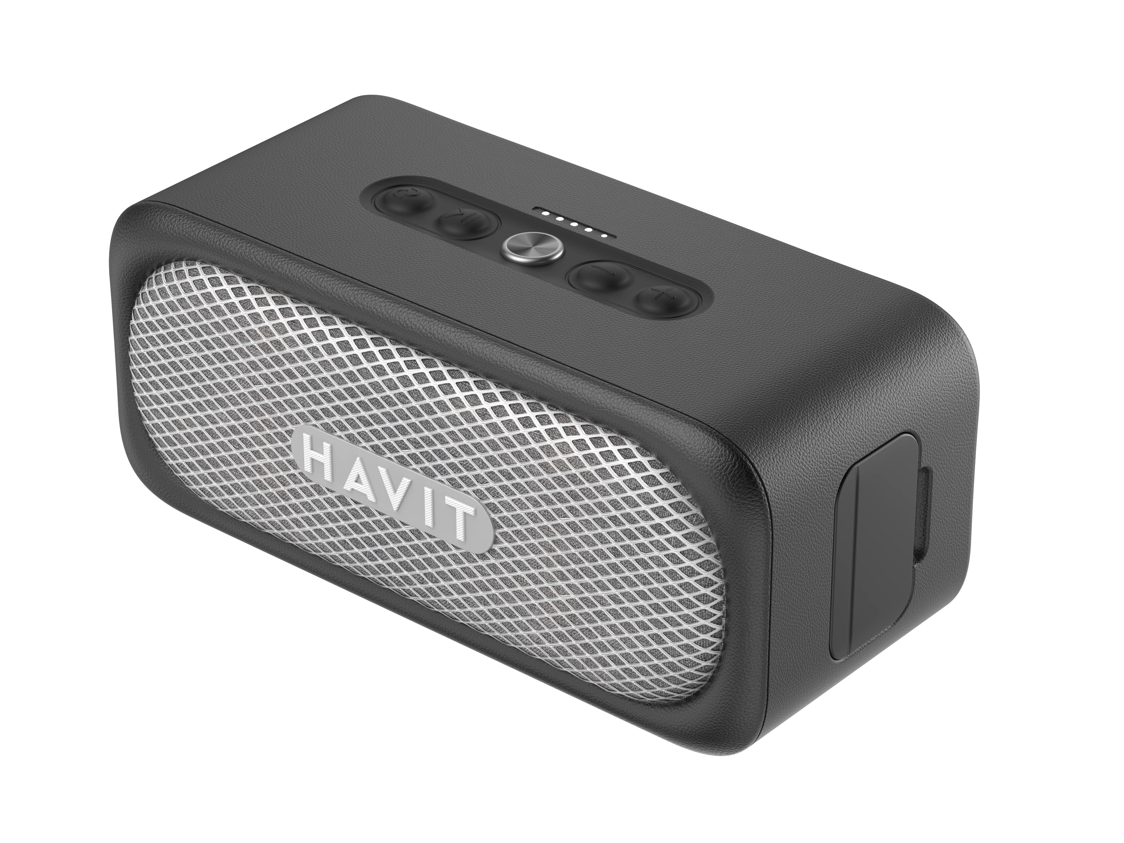 Czarny głośnik Bluetooth z srebrną siatką i niebieskimi podświetlanymi przyciskami.