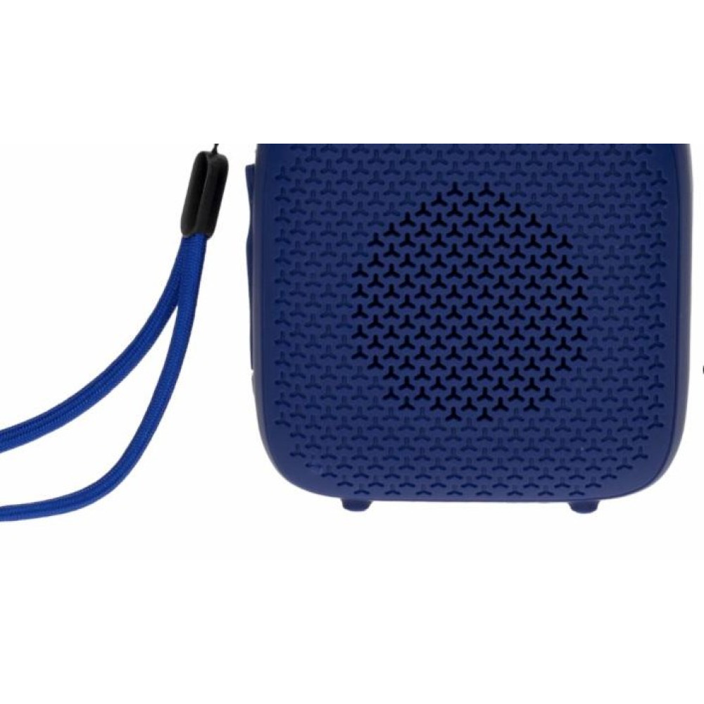 Mały niebieski głośnik ze smyczą.