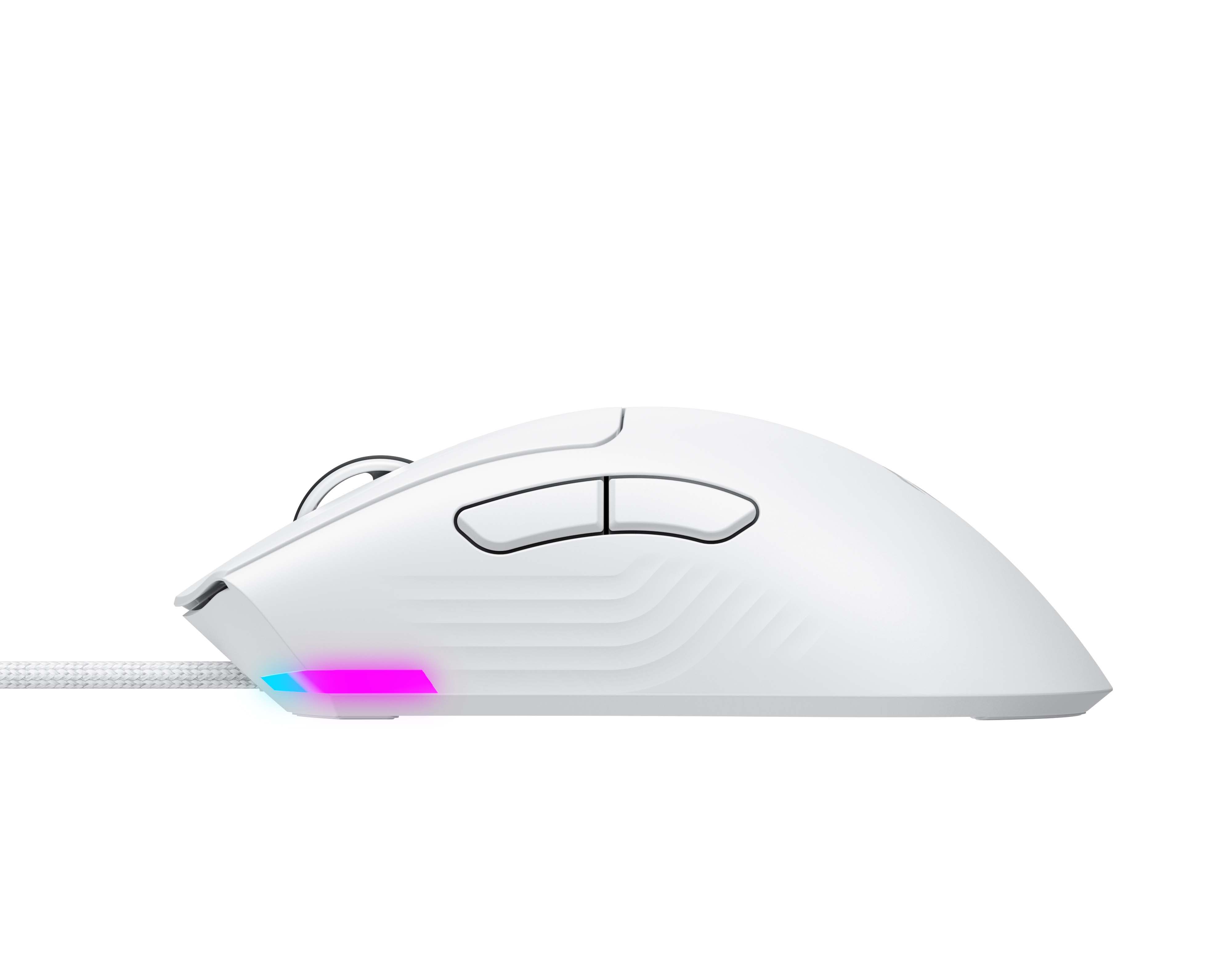 Biała mysz gamingowa z podświetleniem RGB i białym kablem.
