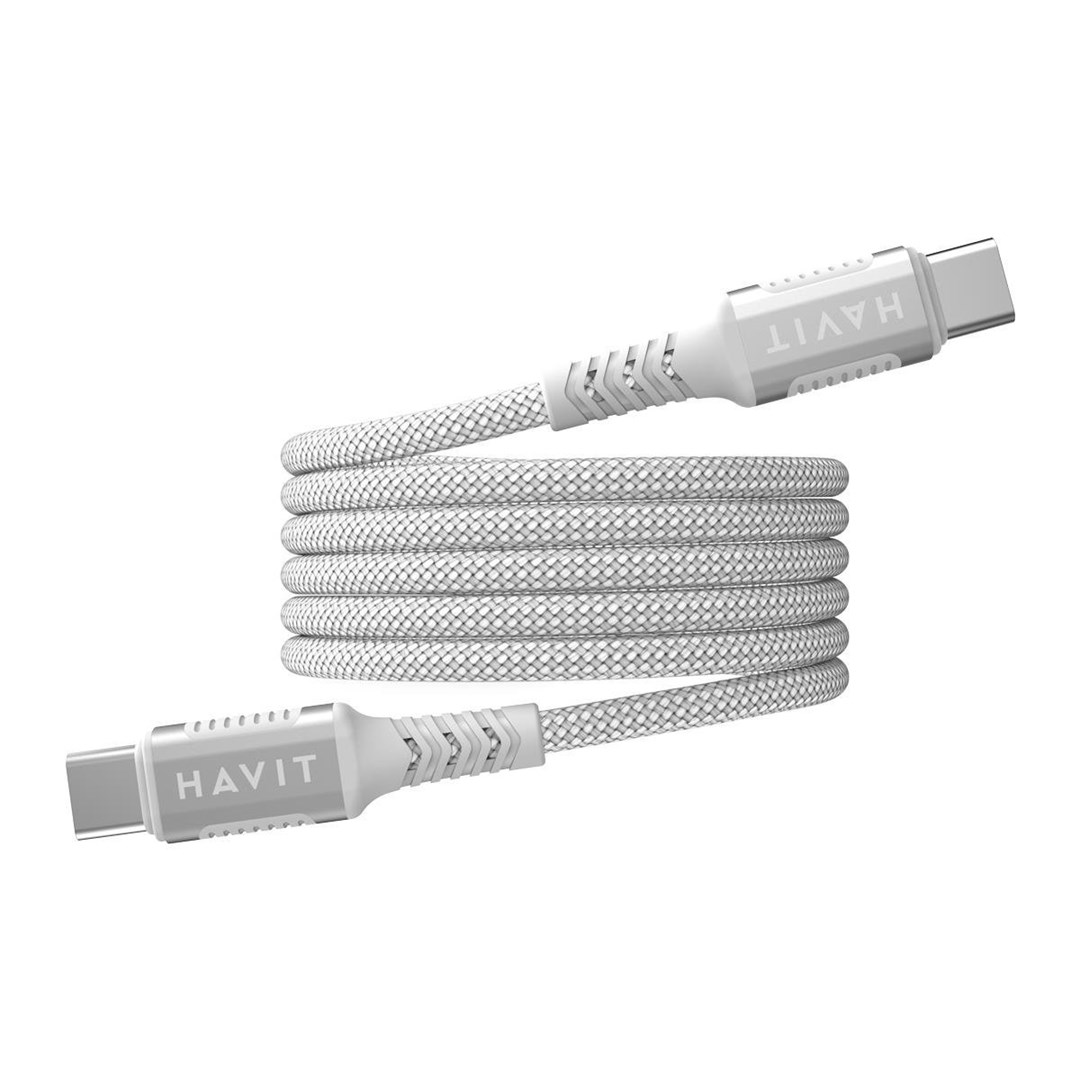 Biały kabel USB-C z szarym logo HAVIT, zwinięty.