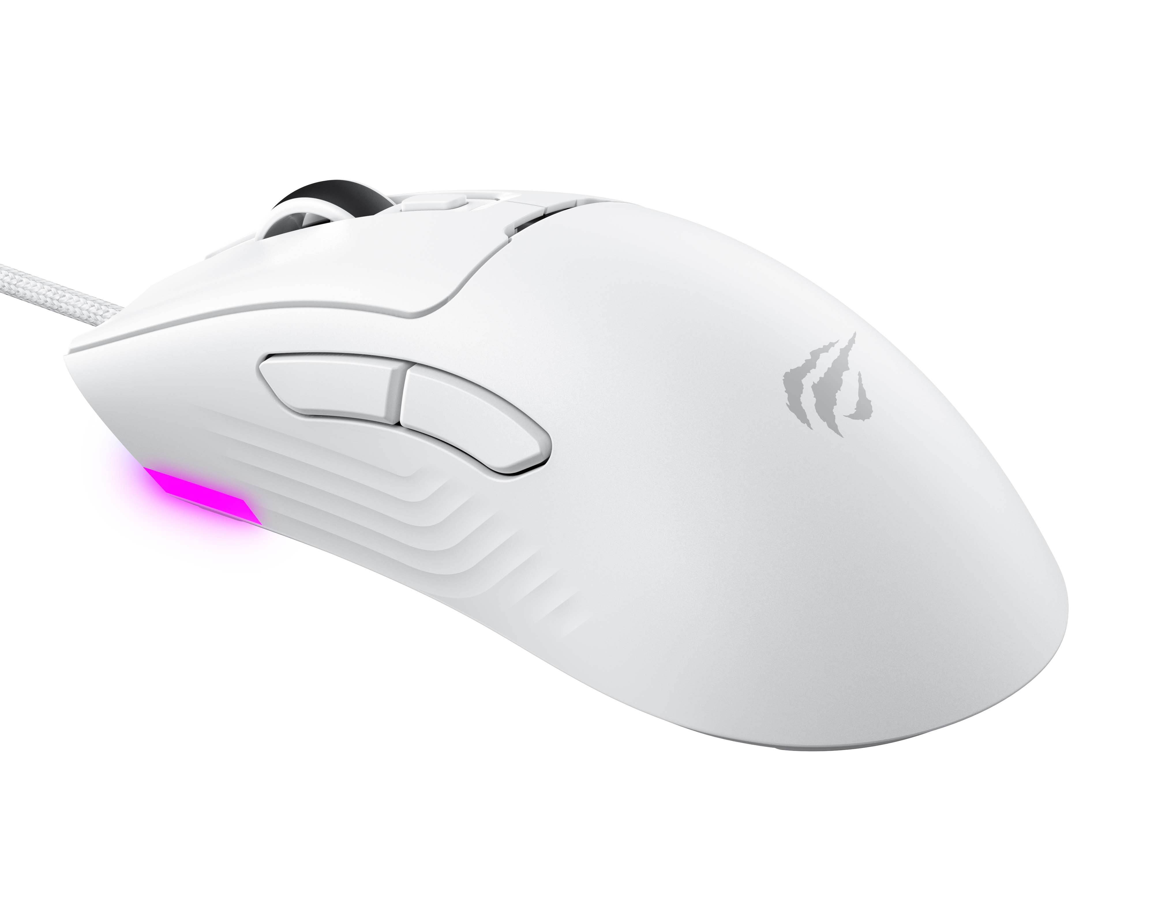 Biała mysz gamingowa z różowym podświetleniem i logo.