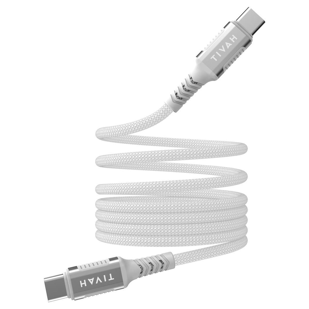 Biały kabel USB-C ze srebrnymi złączami, zwinięty na białym tle.