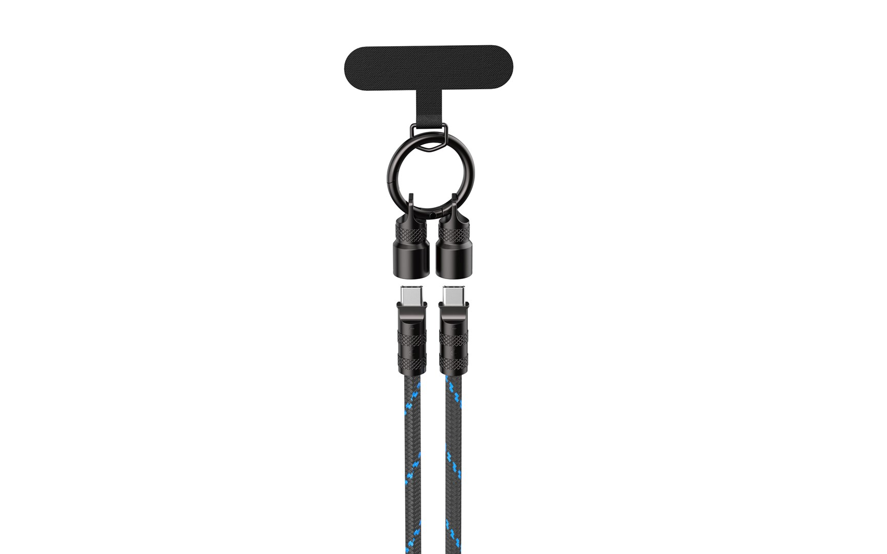 Czarna smycz do telefonu z dwoma kablami USB-C i pętlą.