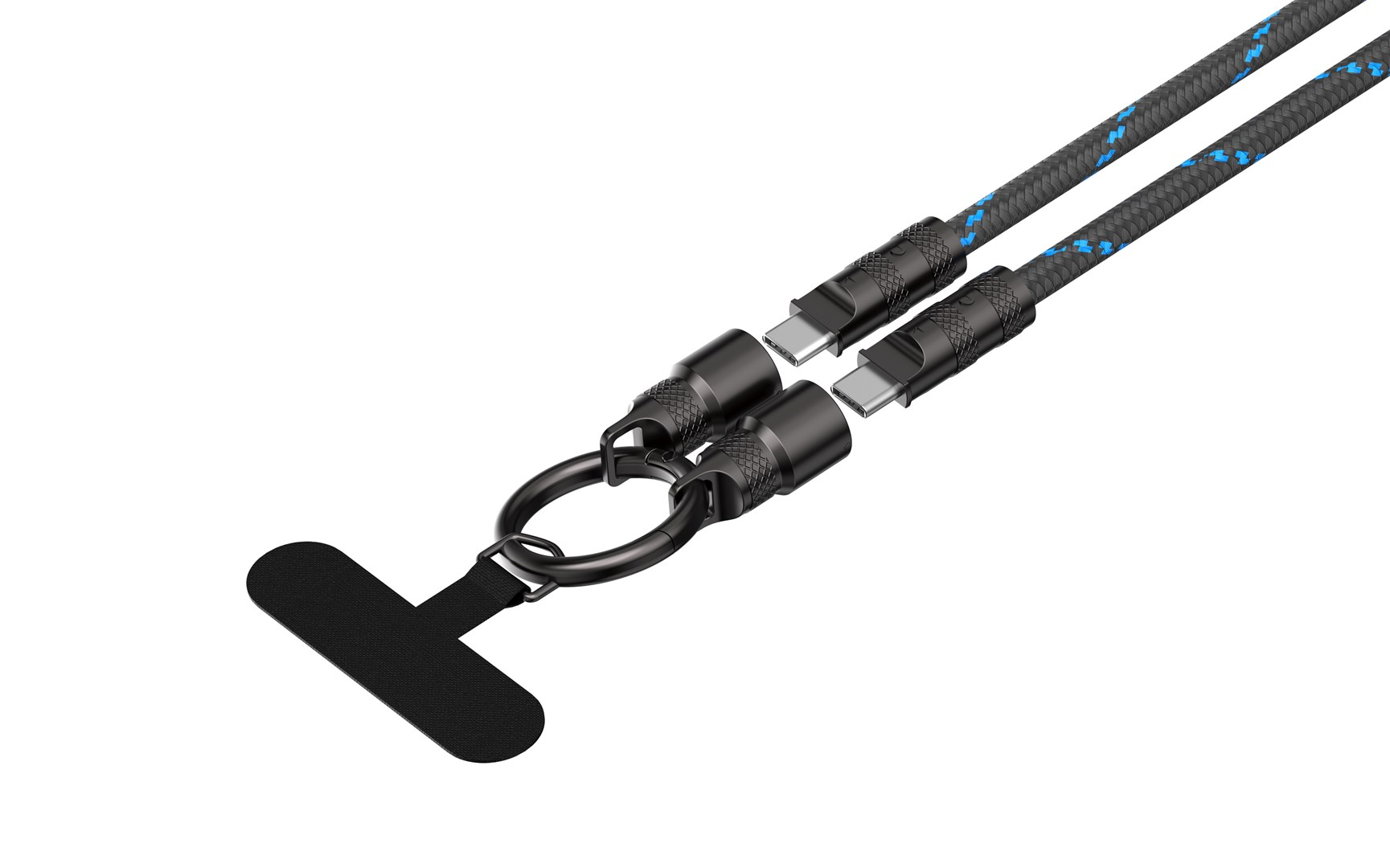 Czarna smycz do telefonu z dwoma złączami USB-C i brelokiem.