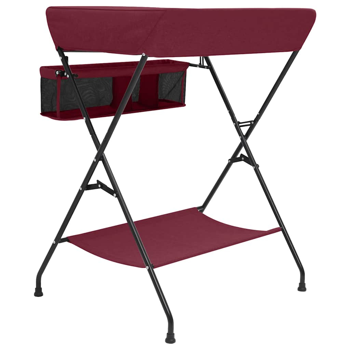 Ein maroonfarbener klappbarer Outdoor-Beistelltisch mit Baldachin und Netzablagefach auf weißem Hintergrund.