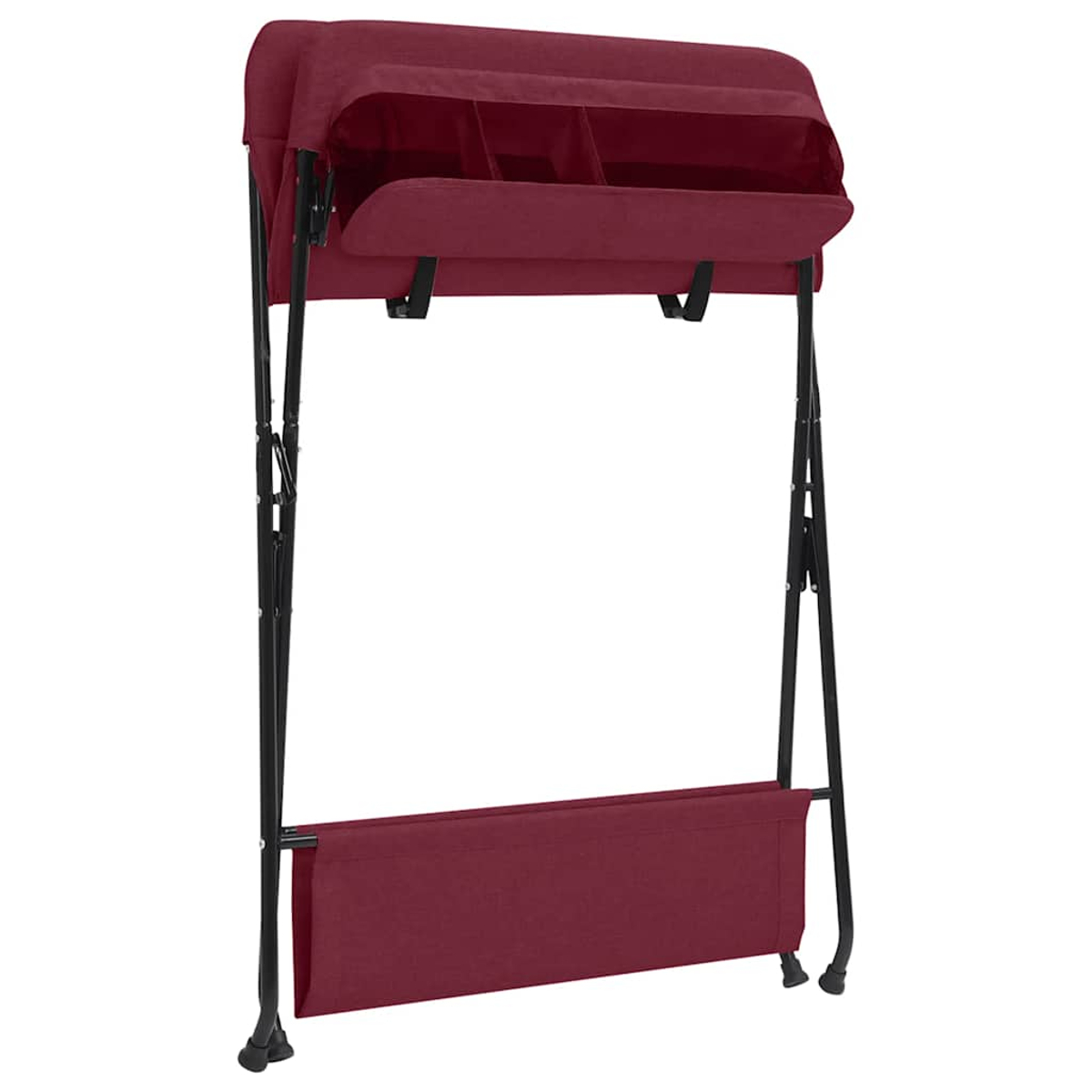 Ein burgundy Sonnenschirmständer mit schwarzen Metallbeinen und Stofftaschen.