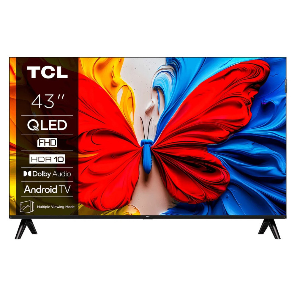 Telewizor TCL QLED 43" wyświetla żywy obraz motyla w kolorach czerwonym, niebieskim i żółtym.