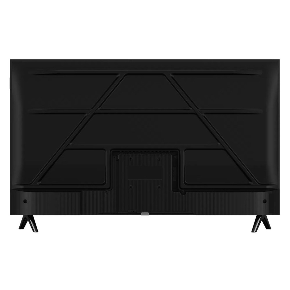 Tył czarnego telewizora z dwiema nogami w kształcie litery V.