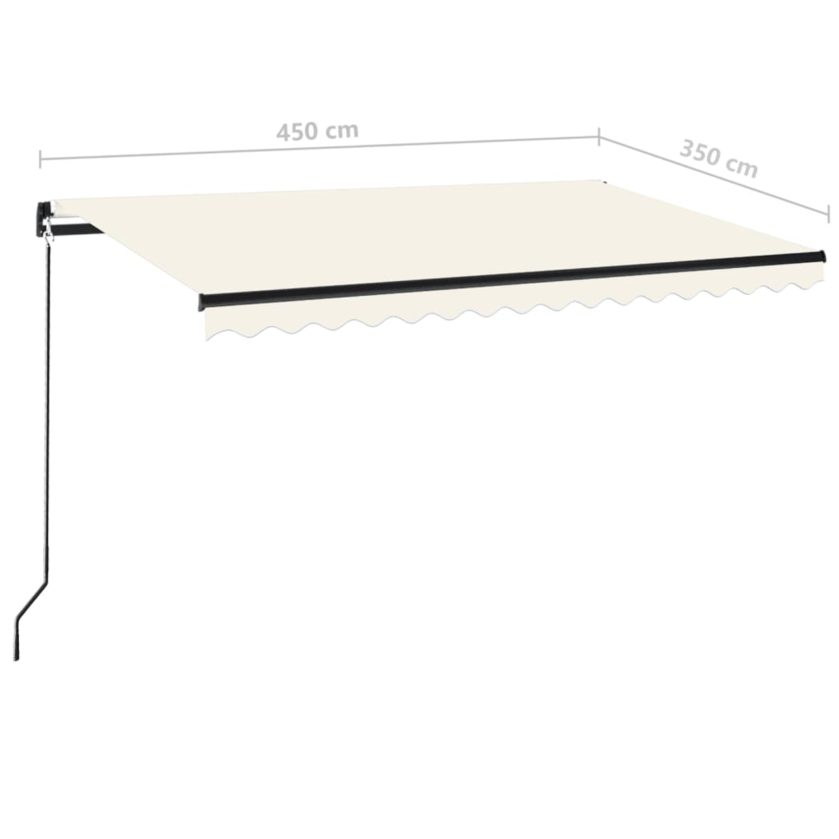 Ein cremefarbener Markisenstoff mit gewelltem Saum und schwarzem Träger. Maße: 450x350cm.