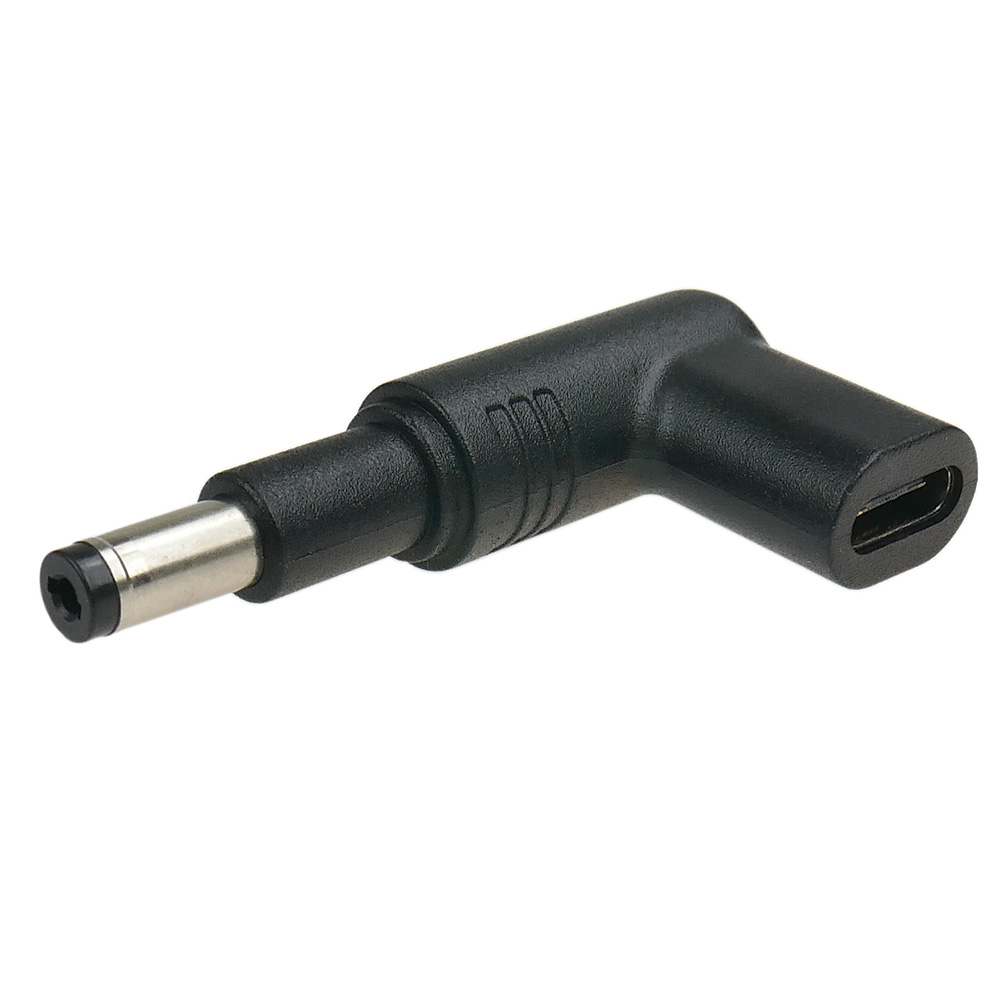 Czarny adapter z okrągłym metalowym pinem i portem USB-C.