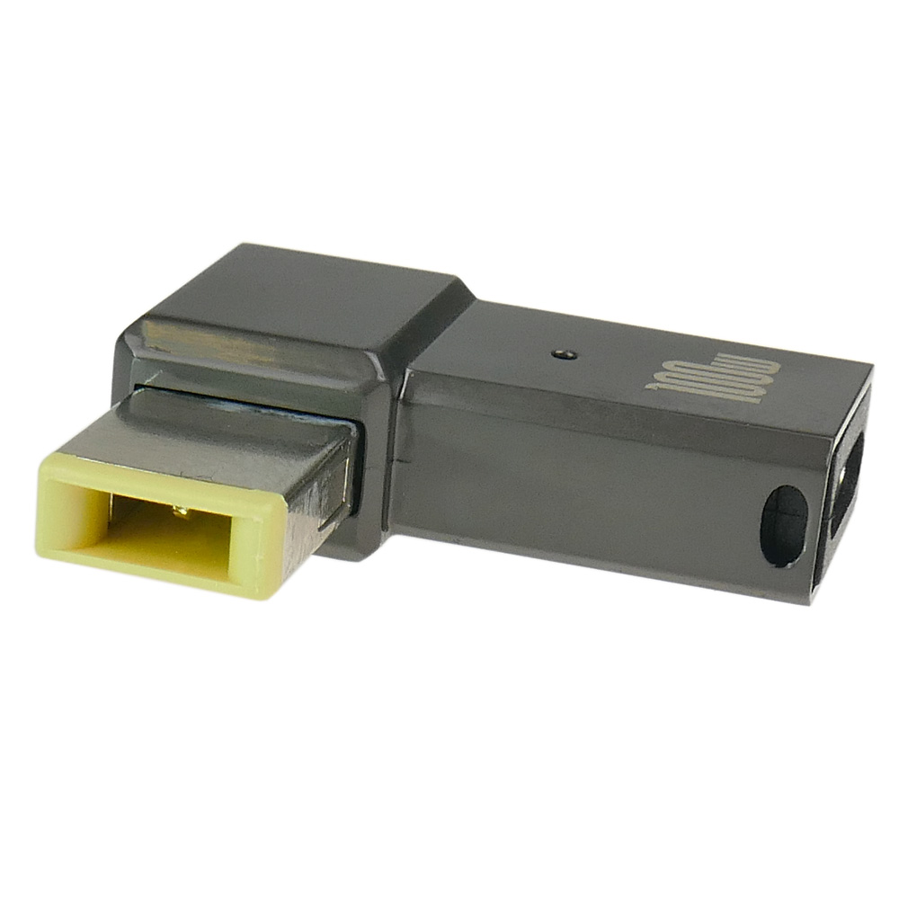 Czarny adapter zasilania z żółtym gniazdem i oznaczeniem 100W.