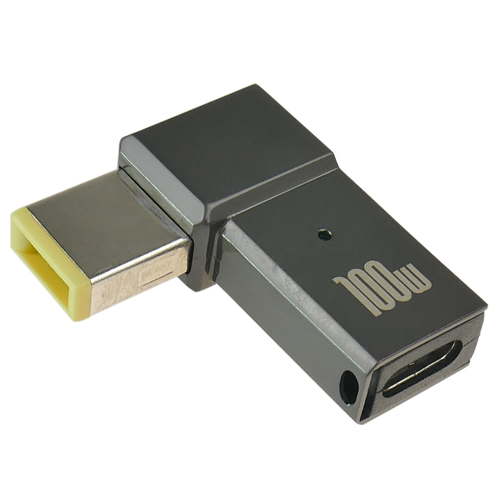Szary adapter USB-C z oznaczeniem 100W i żółtym złączem.