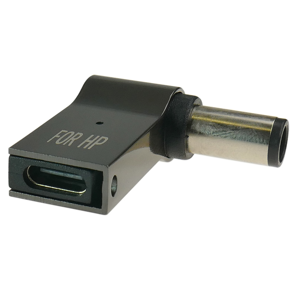Czarny adapter USB-C z napisem "FOR HP" i okrągłym złączem.