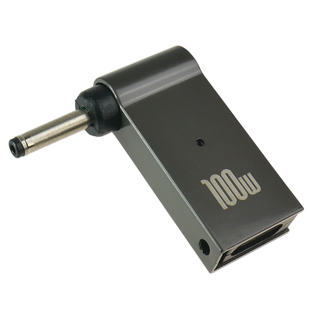 Szary adapter 100W z portem USB-C i wtyczką DC.