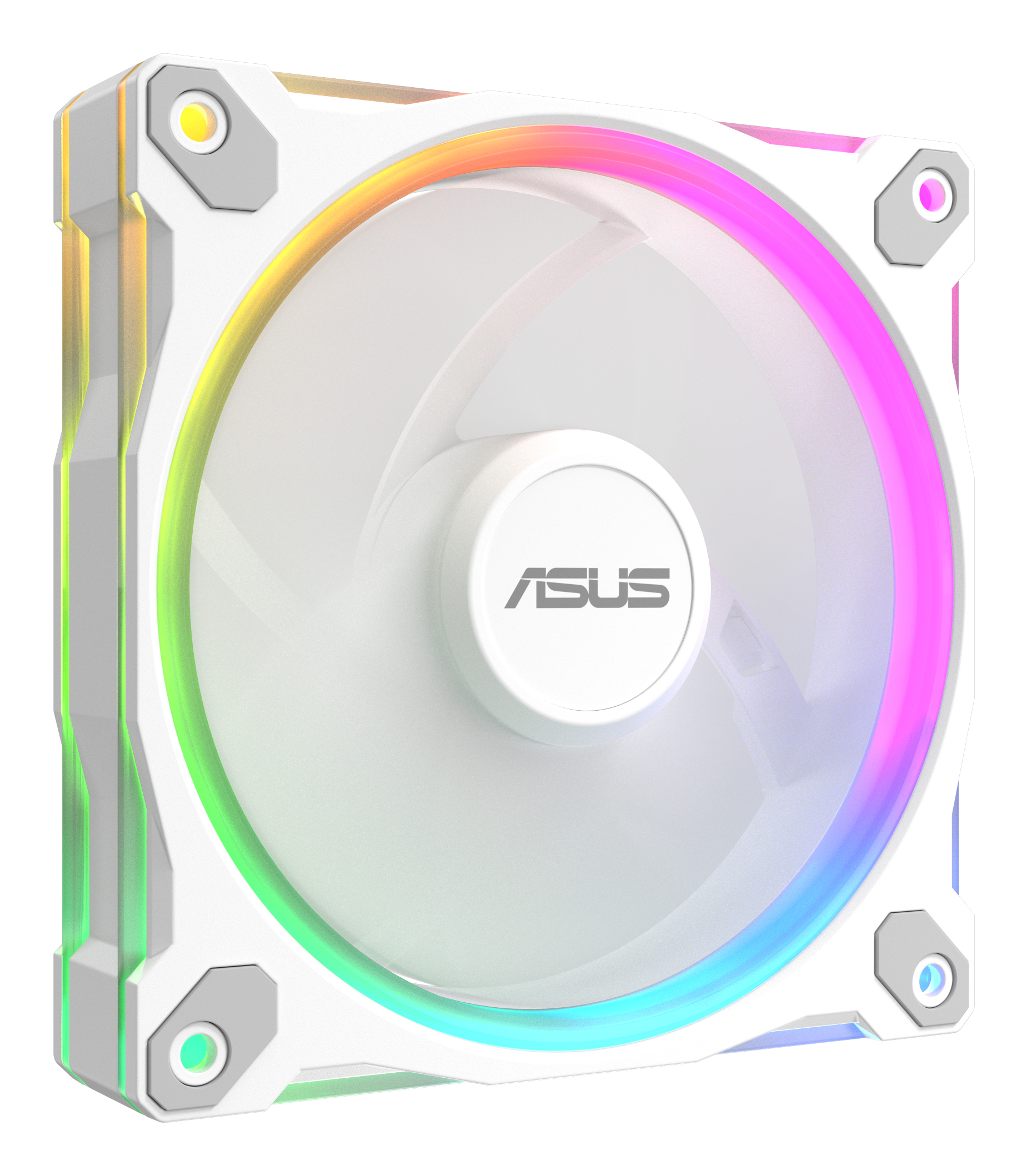 Biały wentylator komputerowy z logo ASUS i oświetleniem RGB.