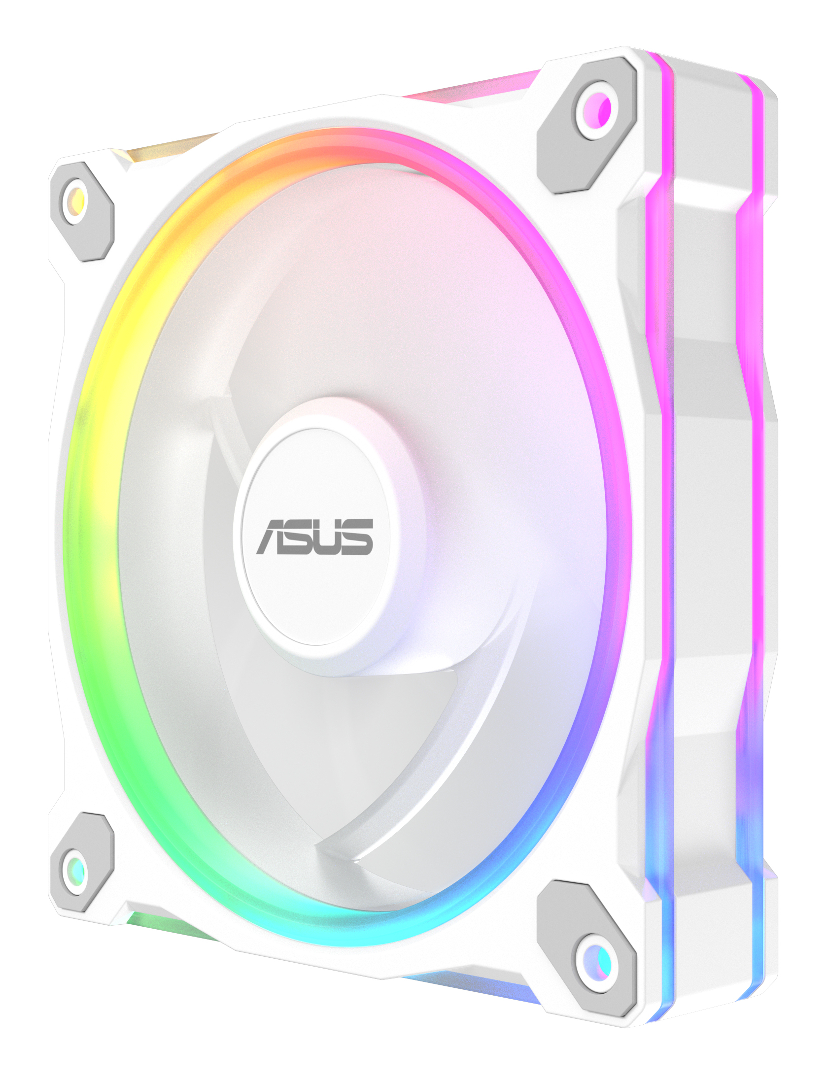 Biały wentylator komputerowy z oświetleniem RGB, logo ASUS pośrodku.