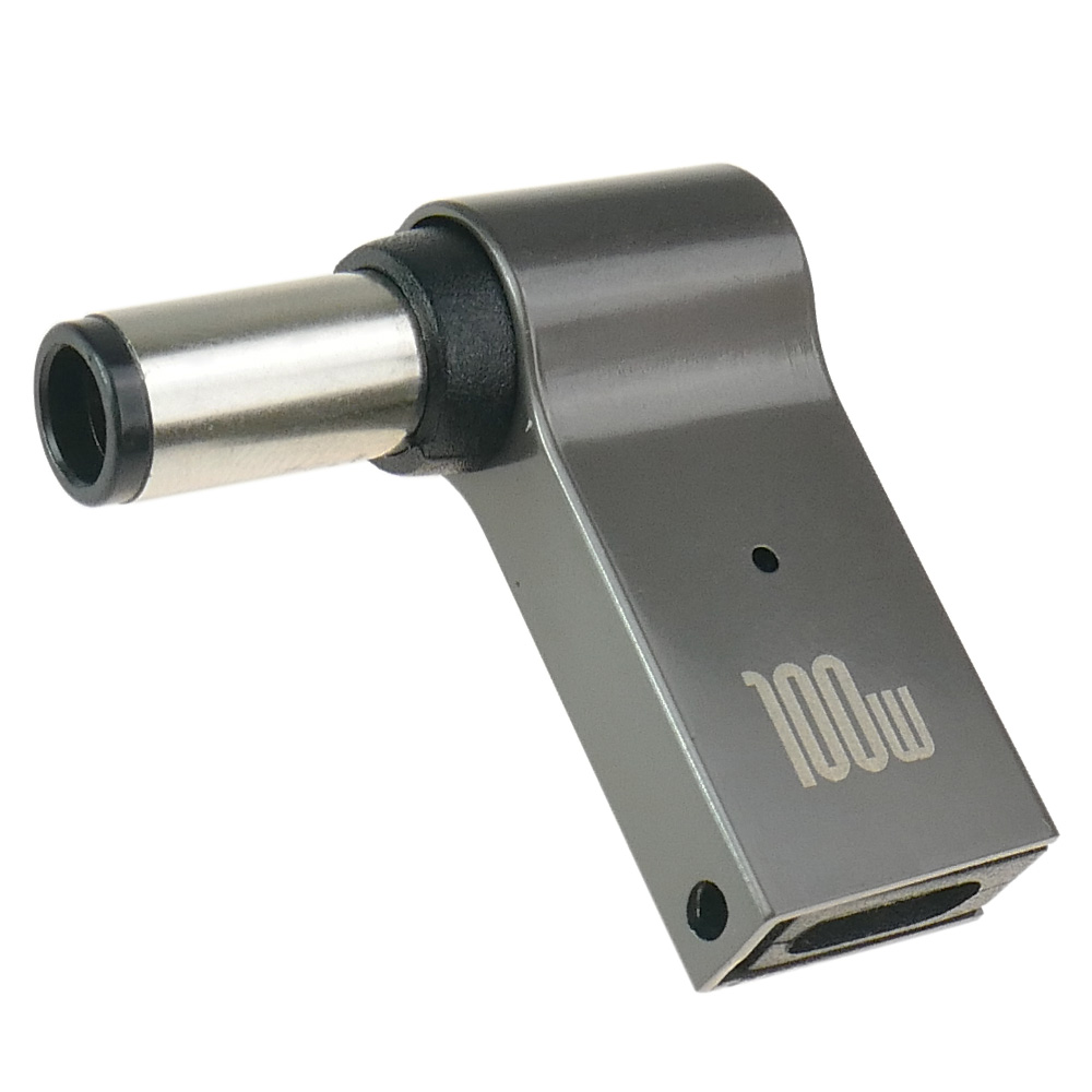 Szary adapter USB-C 100W z okrągłą wtyczką i prostokątnym portem.