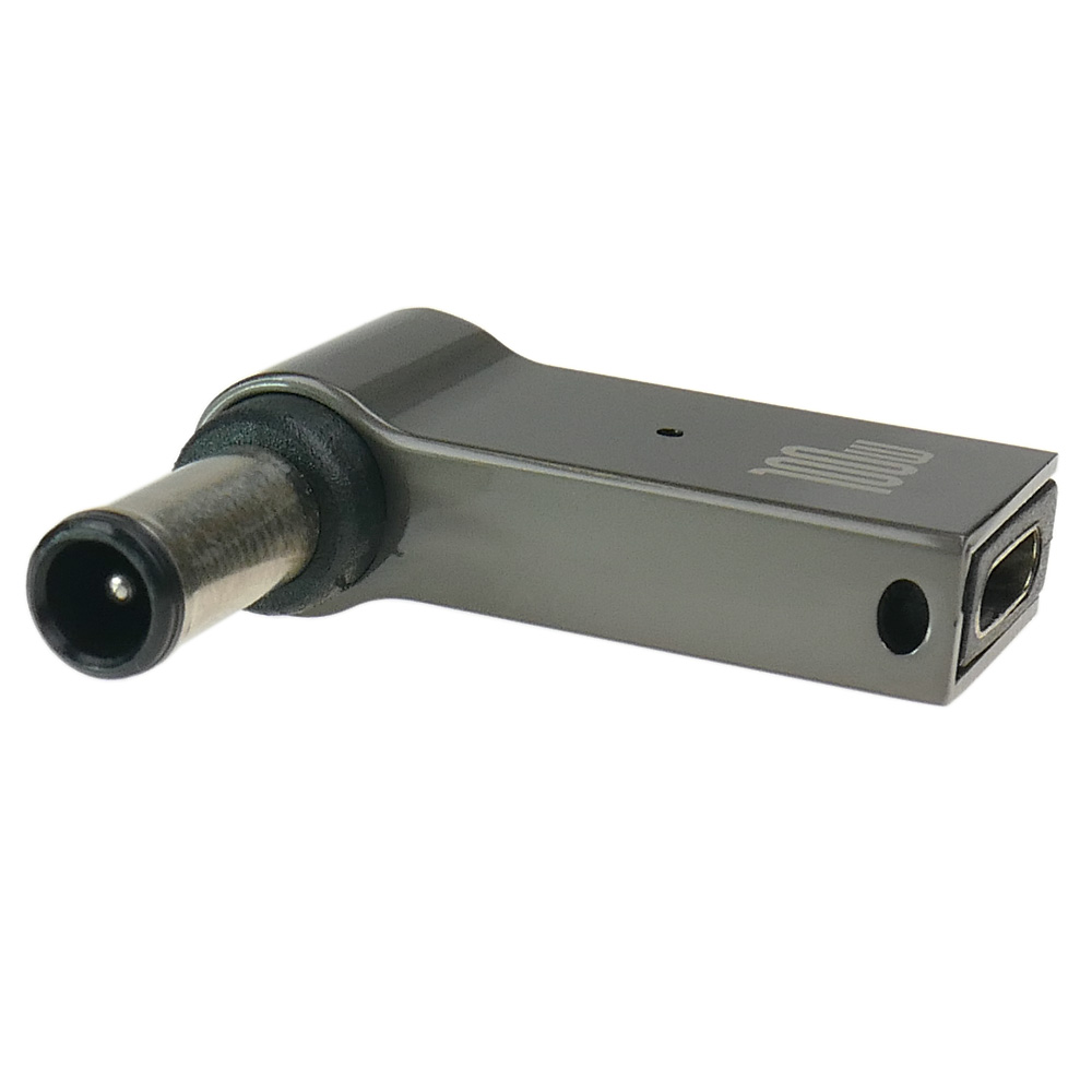 Szary adapter USB-C pod kątem 90 stopni z okrągłą wtyczką.