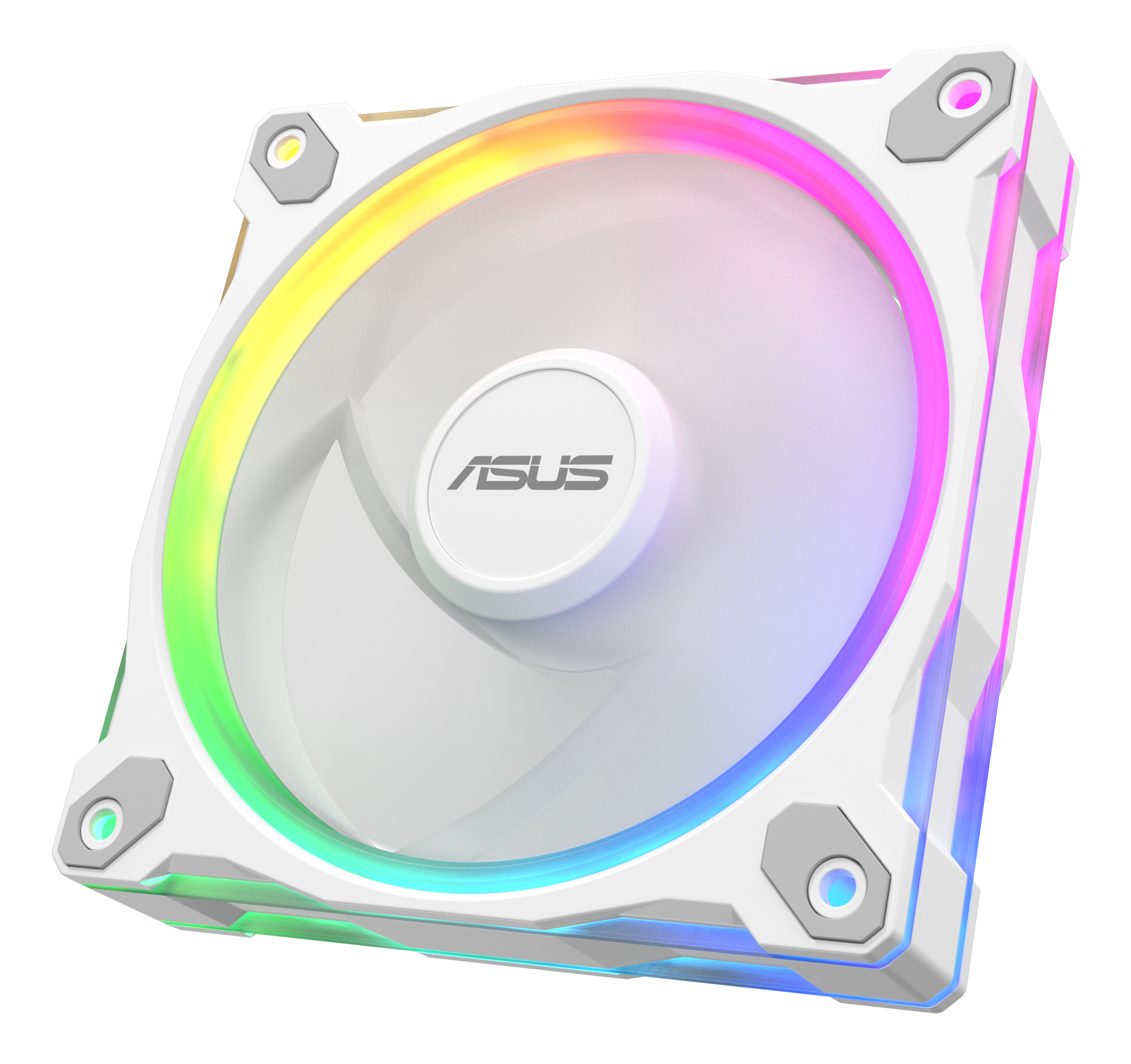 Biały wentylator PC z podświetleniem RGB, pokazujący logo ASUS.