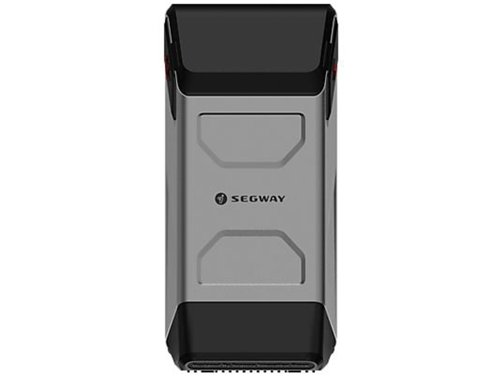 Una batteria Segway grigia e nera con due rientranze grigie.