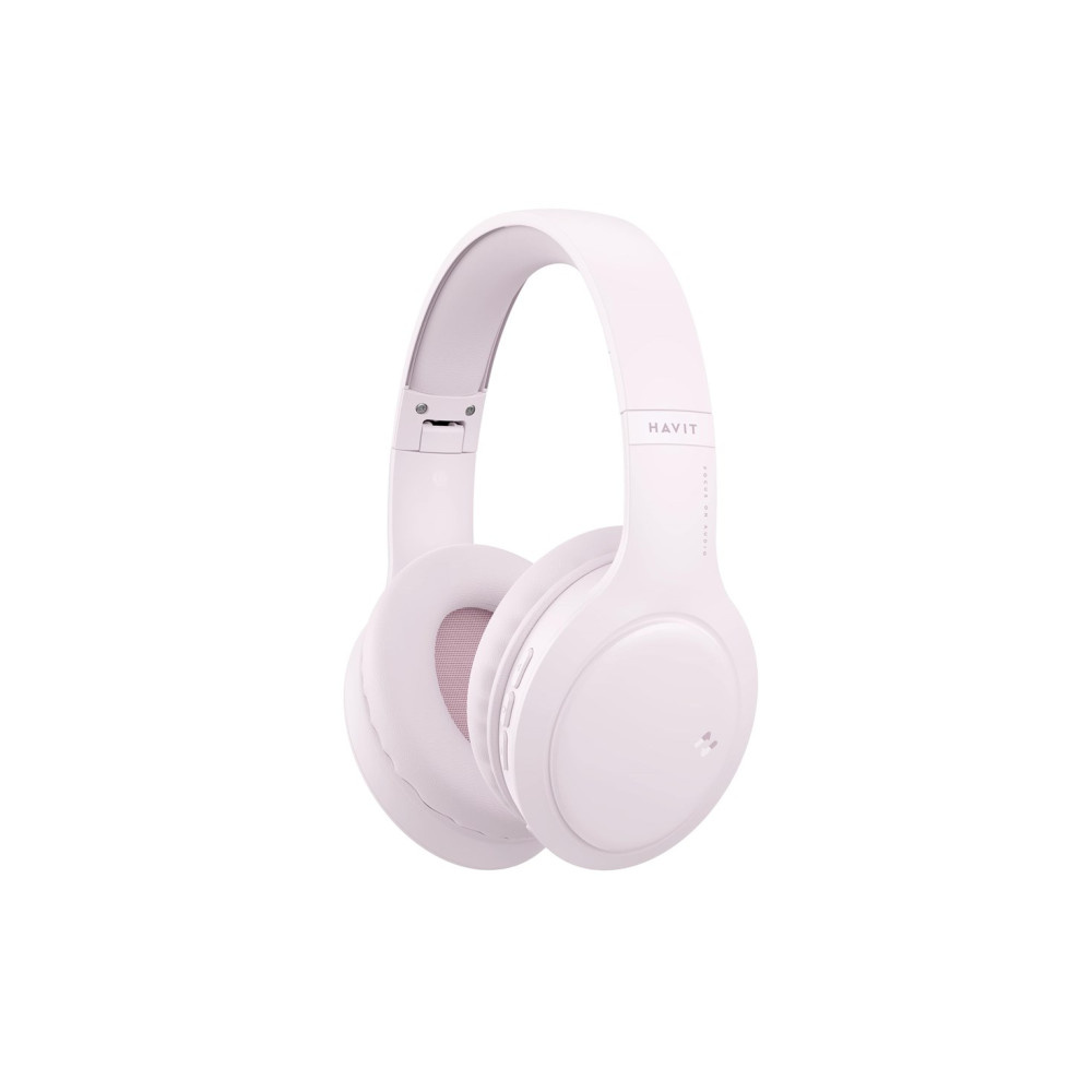 Cuffie bianche over-ear con accenti rosa e logo Havit.