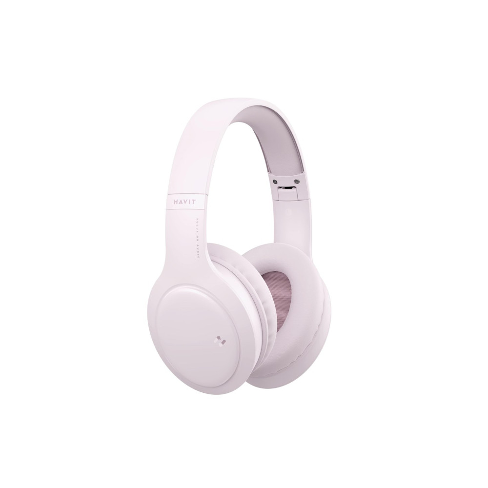 Cuffie Havit rosa chiaro con padiglioni imbottiti e archetto regolabile.
