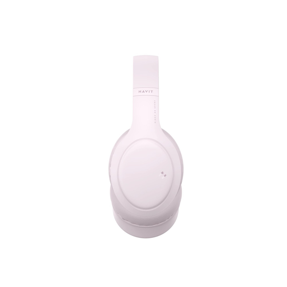 Cuffie Havit bianche con logo argentato e fascia bianca su sfondo bianco.