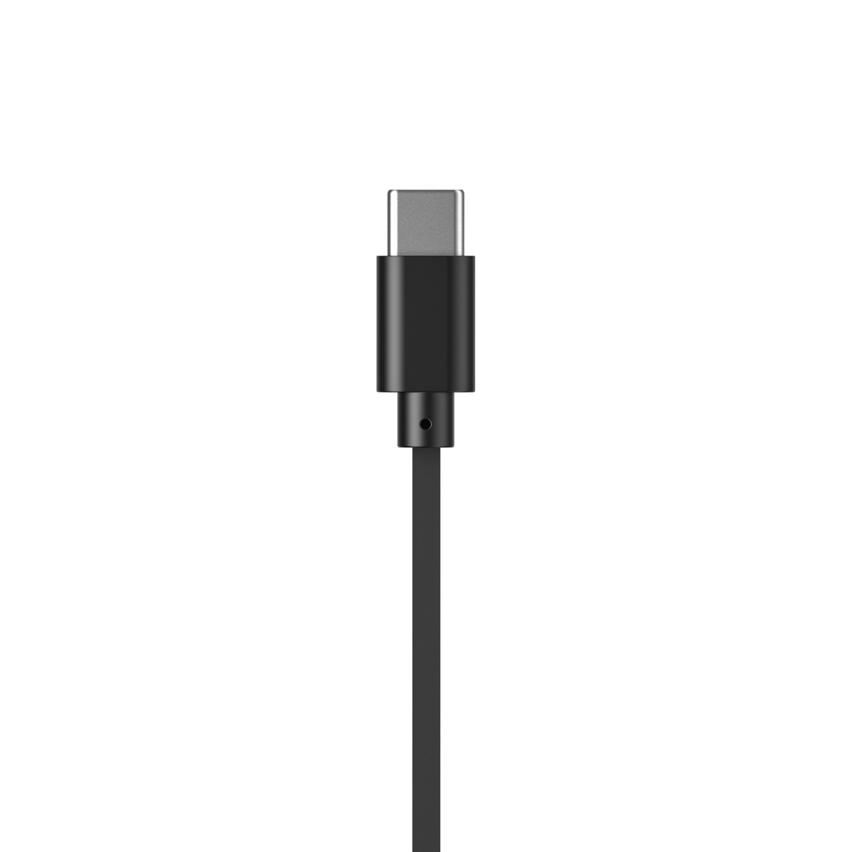 Czarny kabel USB-C ze srebrną wtyczką na białym tle.