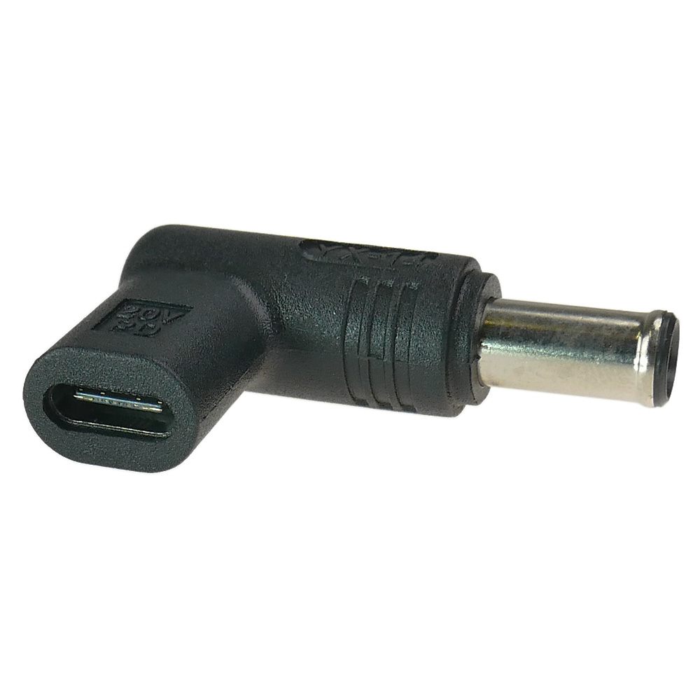 Czarny adapter USB-C na DC z metalową wtyczką. Oznaczenie 20V DC.