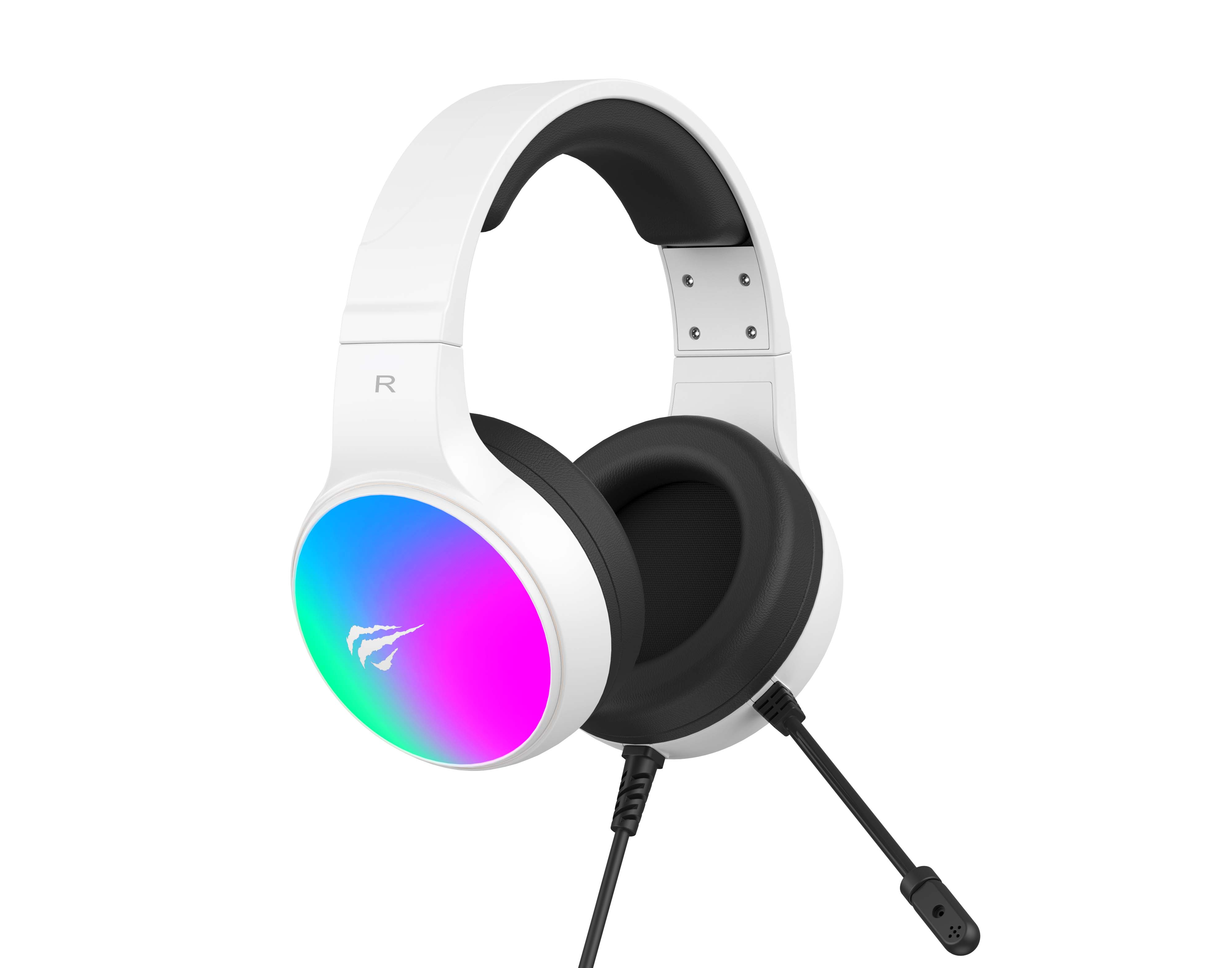 Białe słuchawki z podświetleniem RGB i mikrofonem.