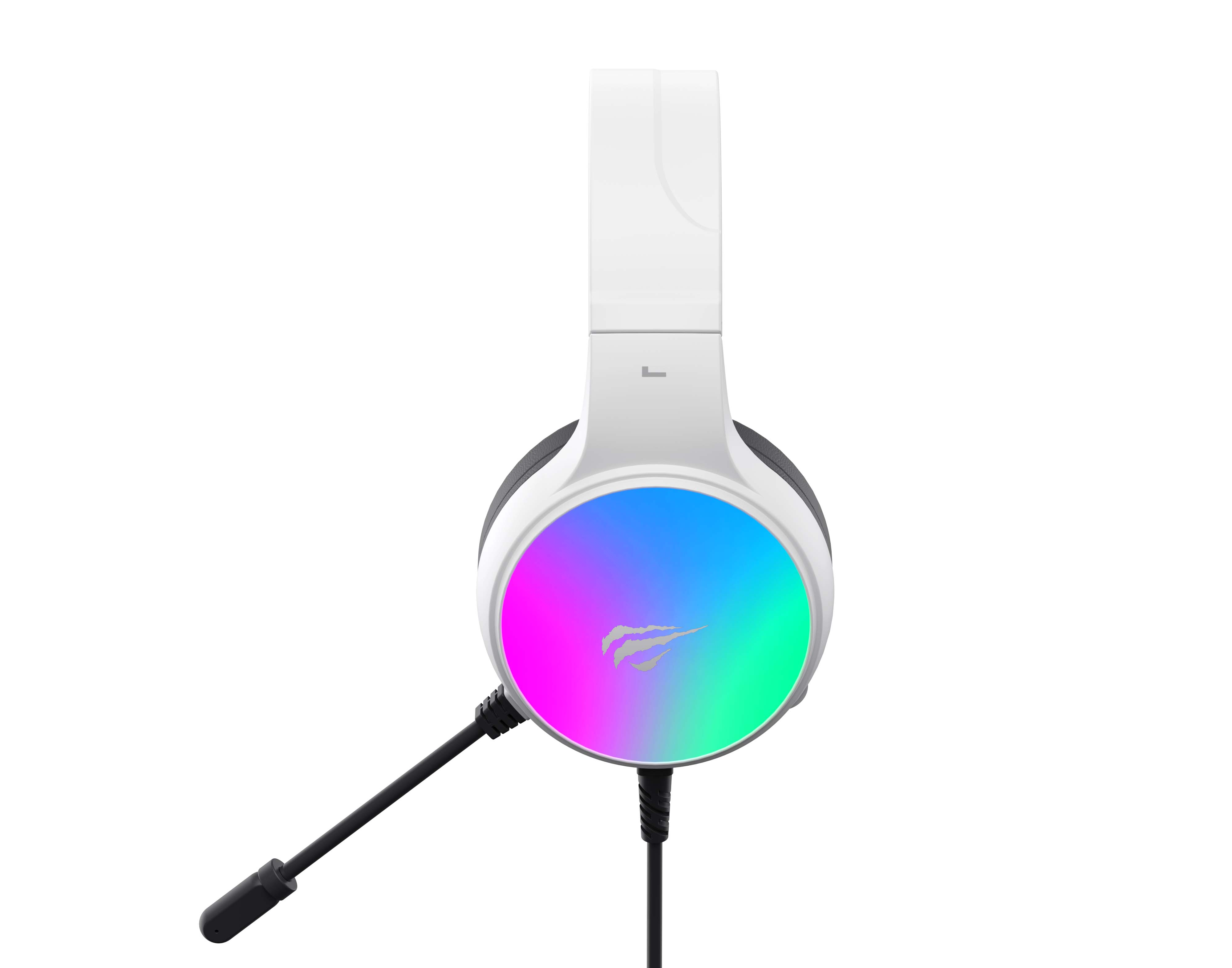 Białe słuchawki z mikrofonem i kolorowym podświetleniem RGB na nauszniku.