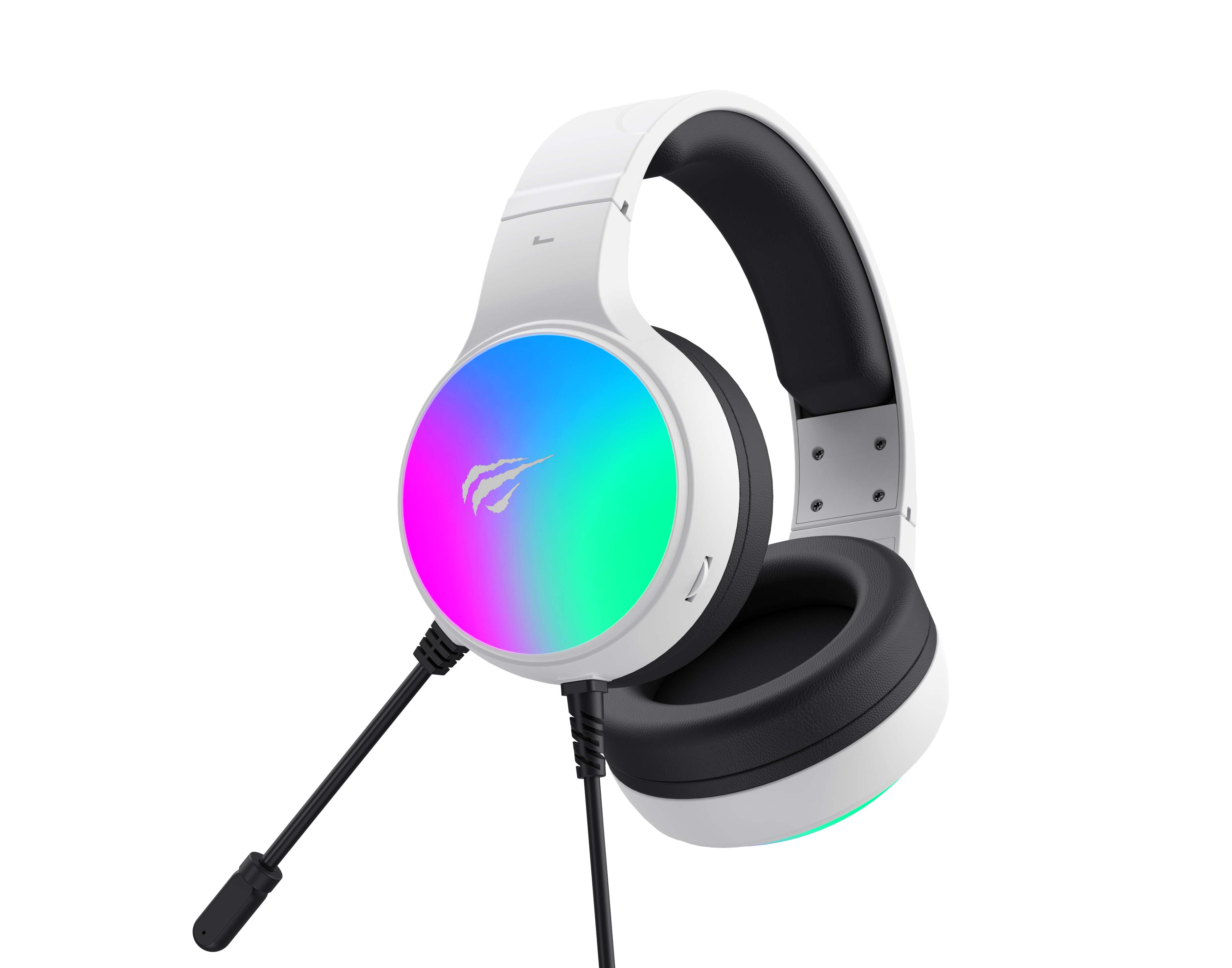 Białe słuchawki z oświetleniem RGB i mikrofonem na białym tle.