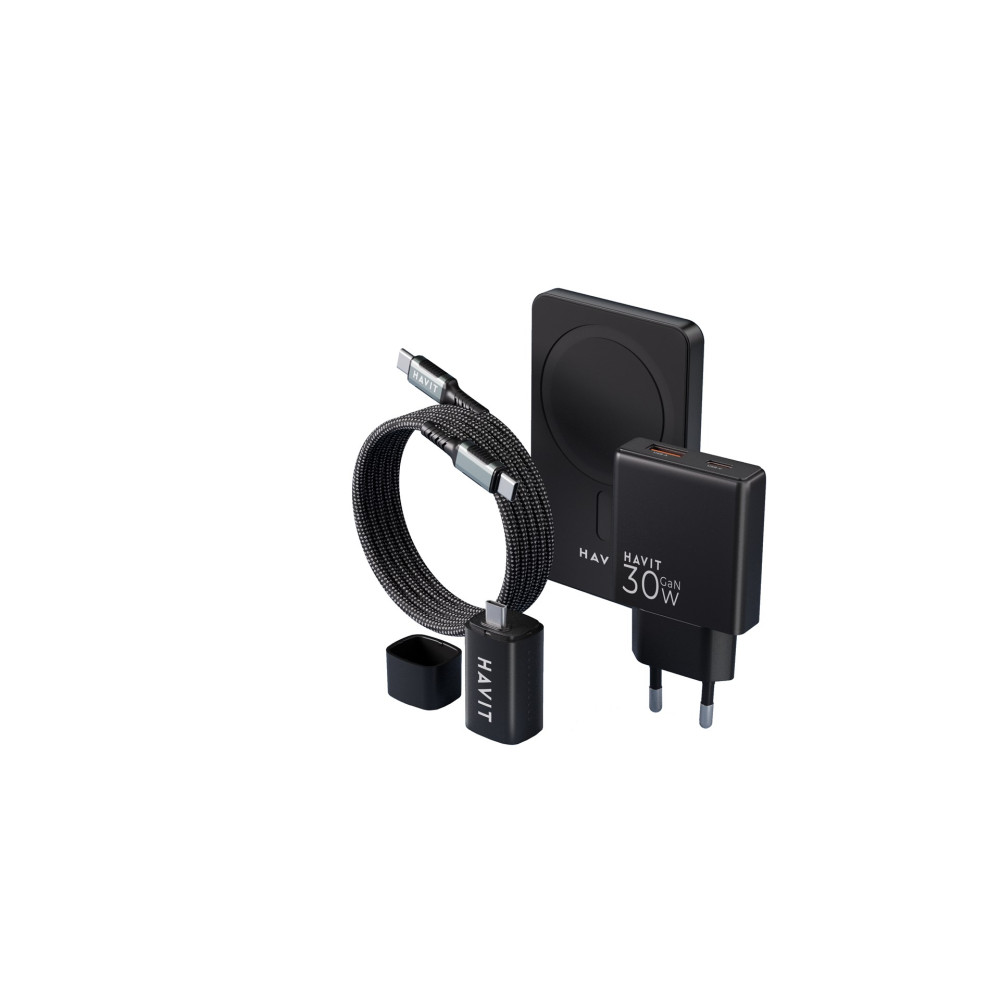 Czarna ładowarka Havit z kablem i adapterem.