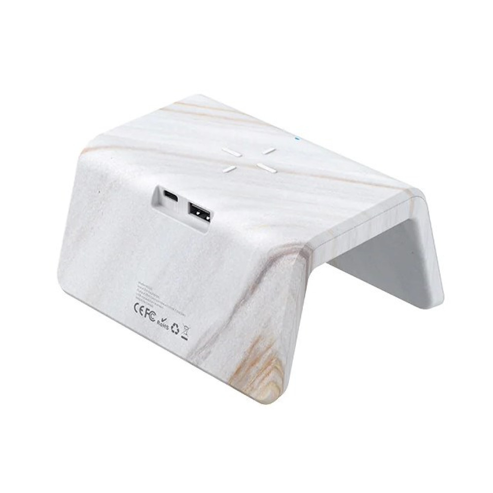 Biała ładowarka z marmurowym wzorem ma dwa porty USB i obszar ładowania.