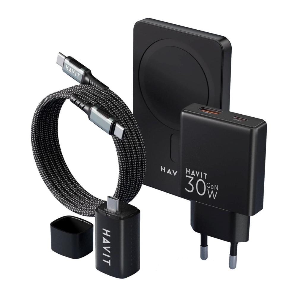 Czarna ładowarka Havit 30W GaN, ładowarka magnetyczna, pleciony kabel USB-C i adapter.