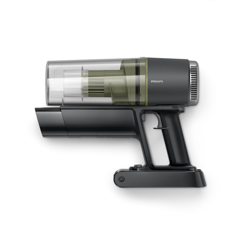 Ciemny odkurzacz ręczny z przezroczystym pojemnikiem na kurz i logo Philips.
